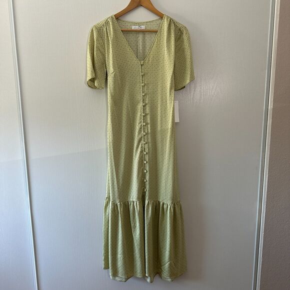 Love, Whit Citron Dot Midi Maxi Dress Womens Tie Waist‎ Green Whitney Port Sz M - Picture 2 of 13